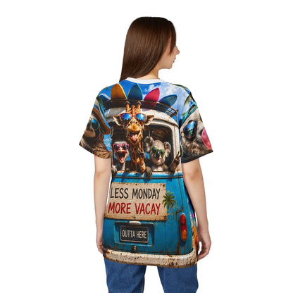 All-over print funny summer animal beach T-shirt featuring giraffe and friends wearing sunglasses, by Printify.