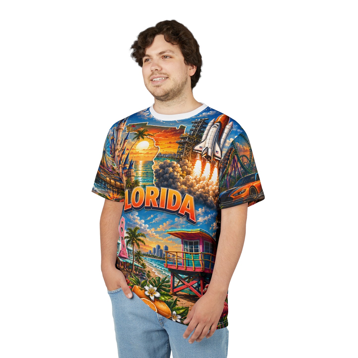 Florida vintage postcard print T-shirt from Printify featuring colorful all-over vacation-themed design