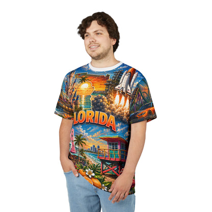 Florida vintage postcard print T-shirt from Printify featuring colorful all-over vacation-themed design