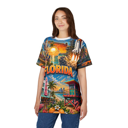 Florida Vintage Postcard Tee by Printify featuring an all-over print vacation design on a casual T-shirt.