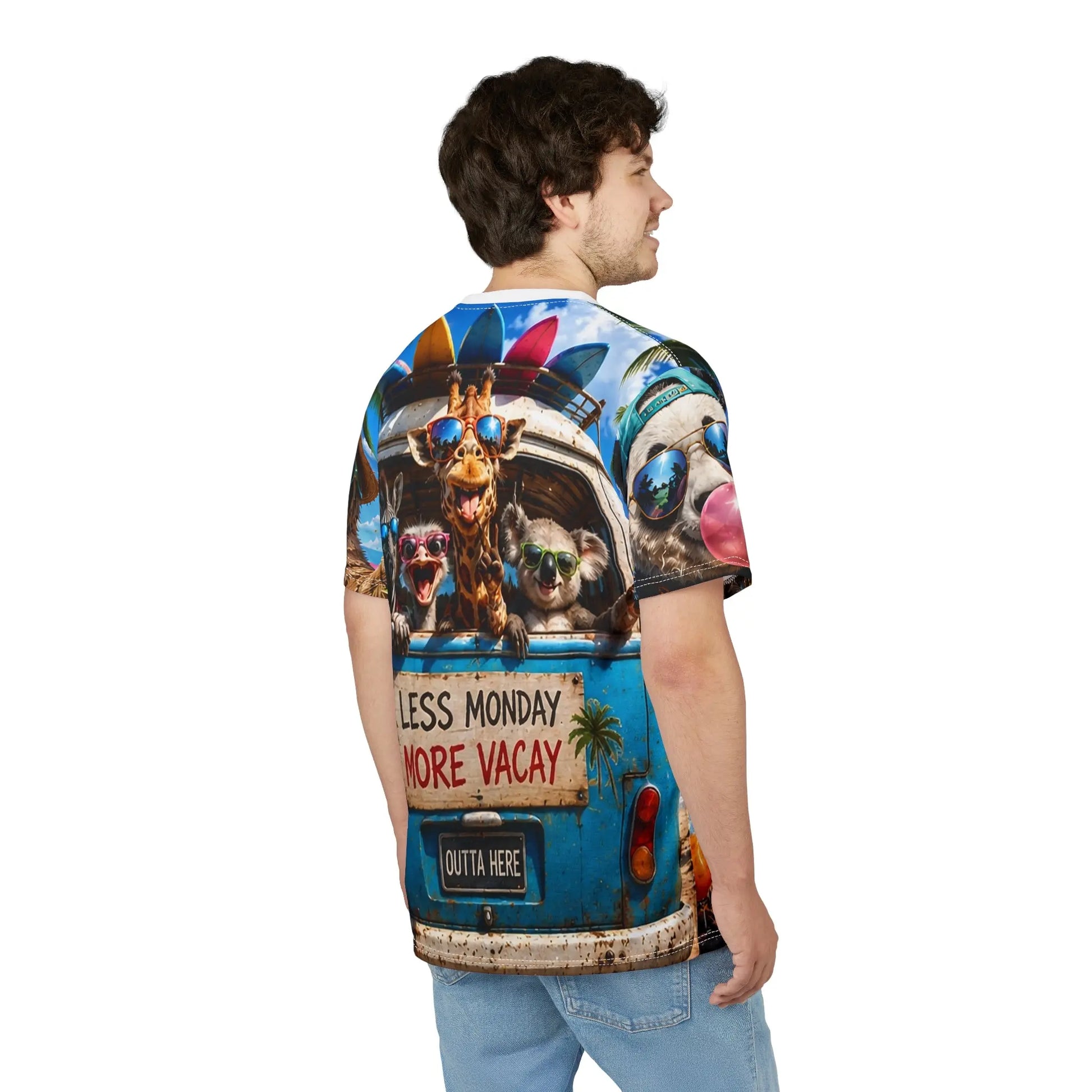 Funny summer Giraffe and friends animal beach T-shirt with sunglasses all-over print, made by Printify.
