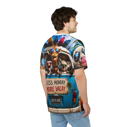 Funny summer Giraffe and friends animal beach T-shirt with sunglasses all-over print, made by Printify.