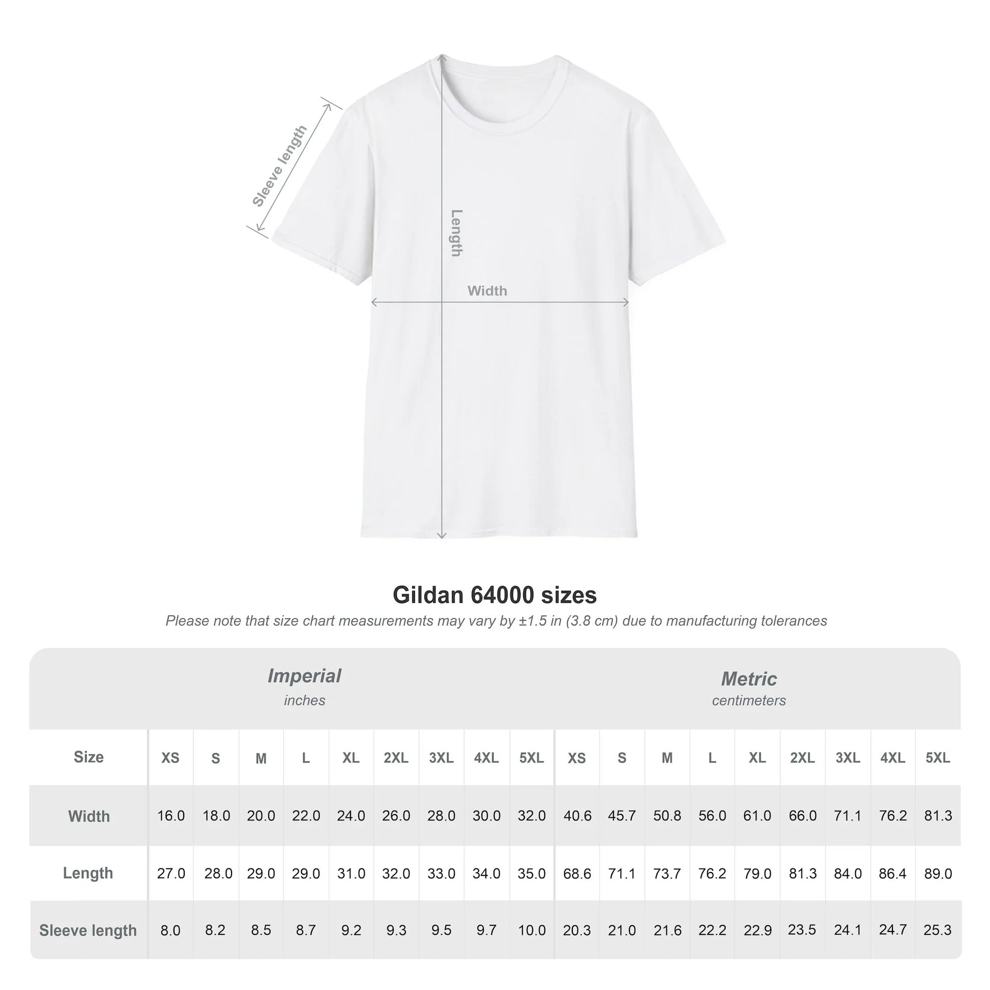 Size chart with imperial and metric measurements for the World Cup 2026 t-shirt, white tee graphic