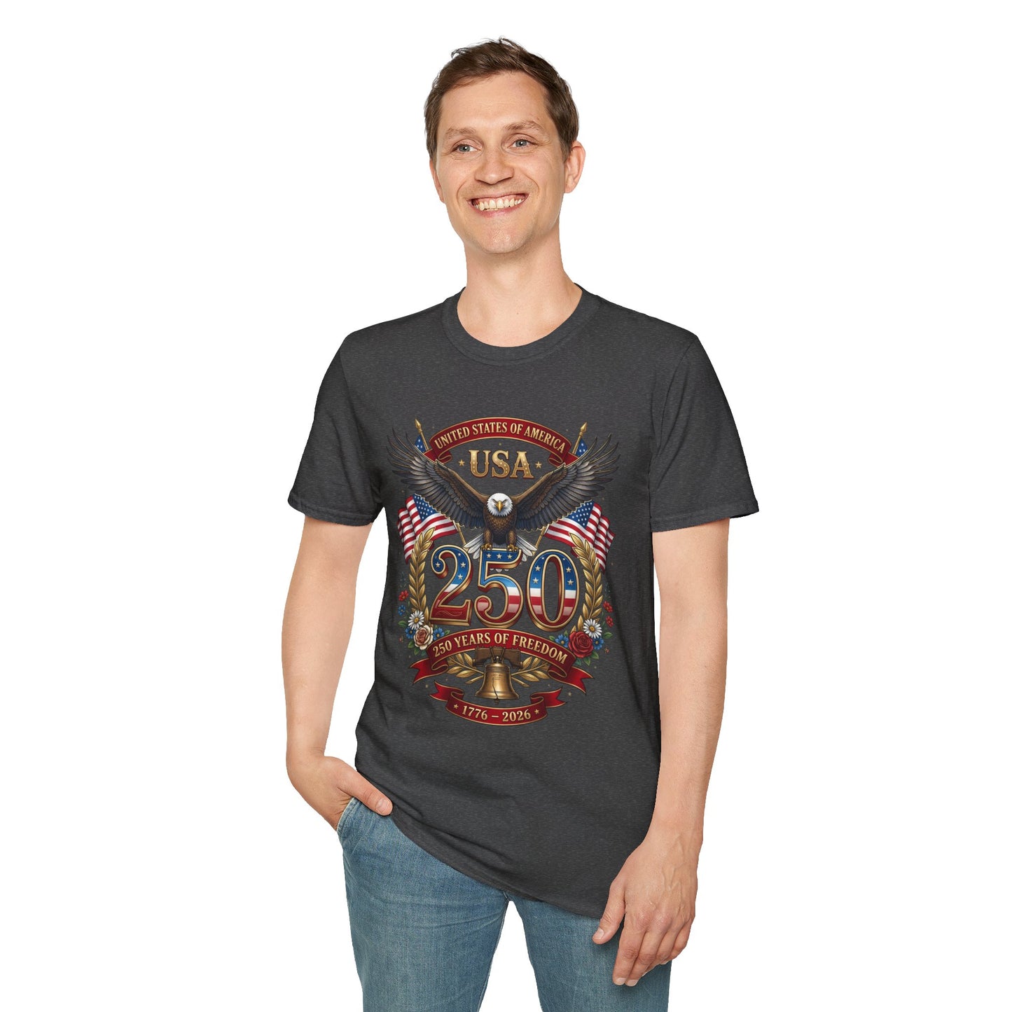 Patriotic USA Eagle 250th Anniversary T-Shirt featuring American flag design for Independence Day, by Printify
