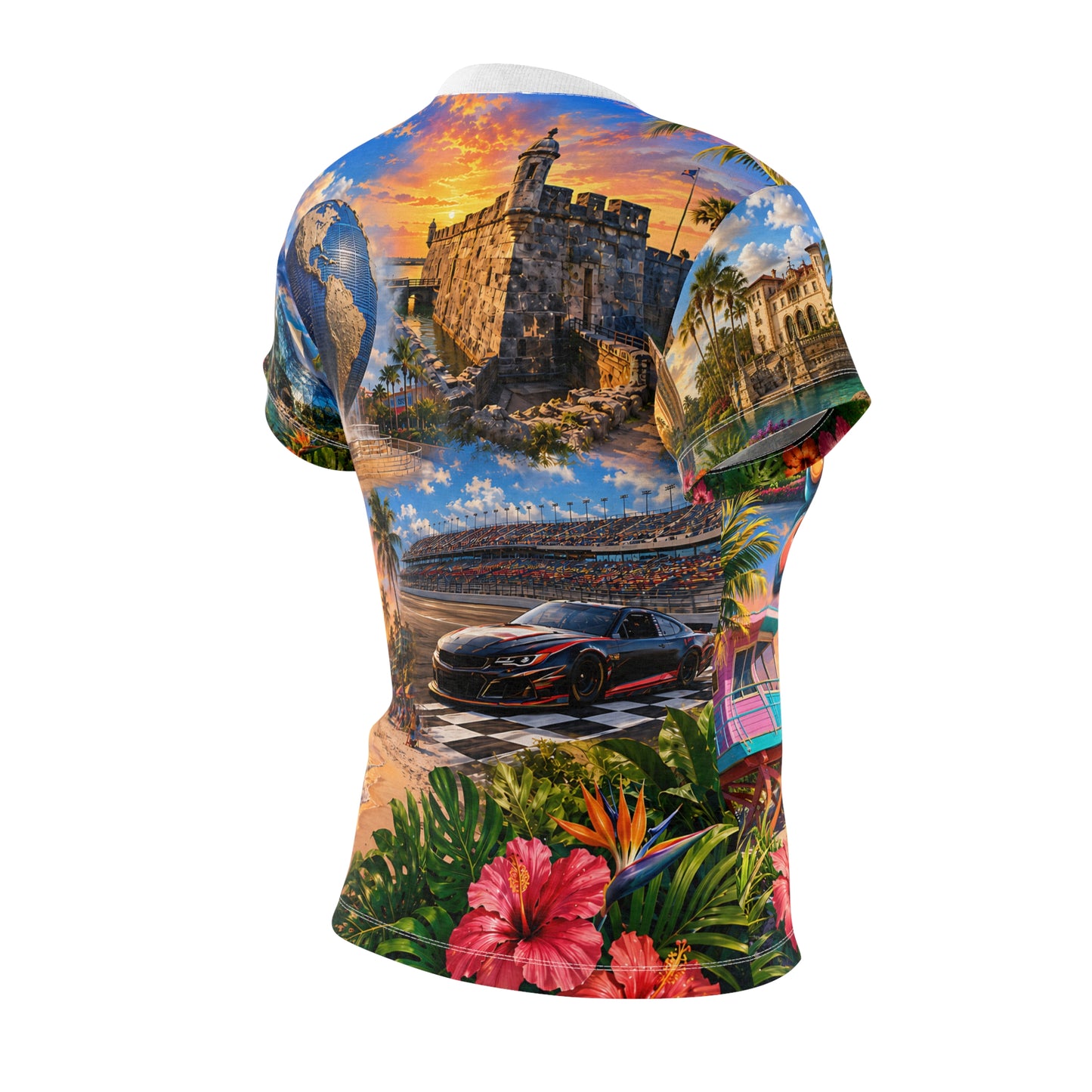 Florida all-over-print tee side view on invisible mannequin showing seaside fort and sports car design