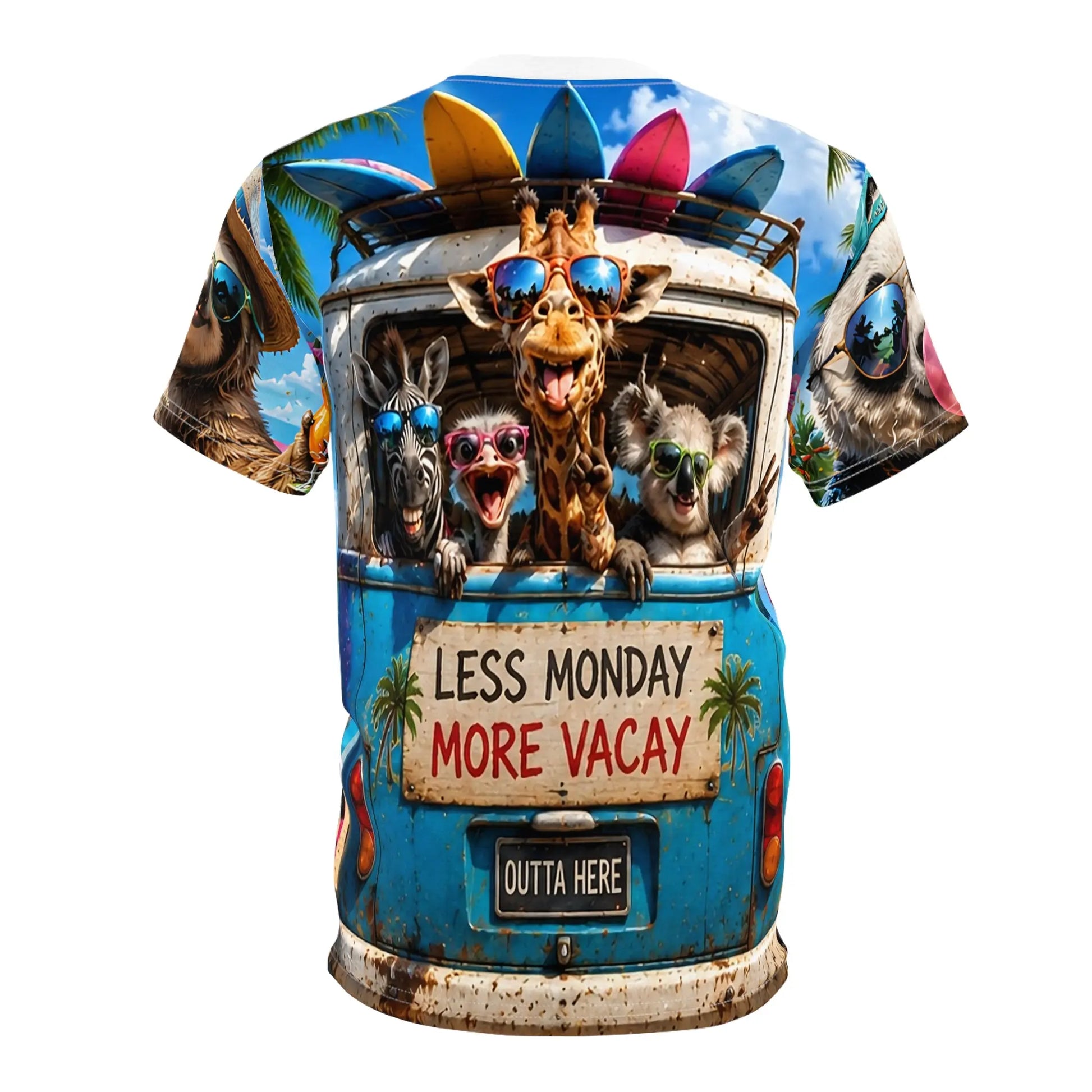 Fun summer animal beach T-shirt with giraffe and friends sunglasses all-over print, featuring colorful, playful design by Printify.
