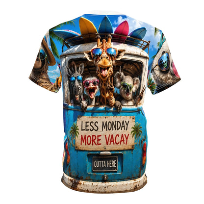Fun summer animal beach T-shirt with giraffe and friends sunglasses all-over print, featuring colorful, playful design by Printify.