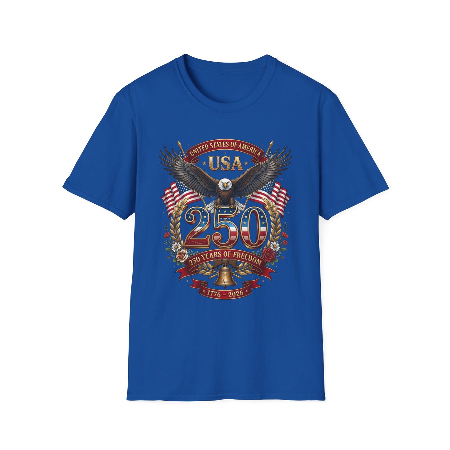 USA eagle 250th anniversary design on a royal-blue t-shirt, plain front product shot