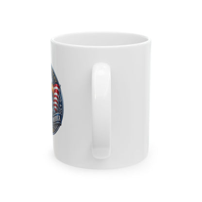 White 11oz ceramic mug, handle facing forward showing the blank side, plain white background