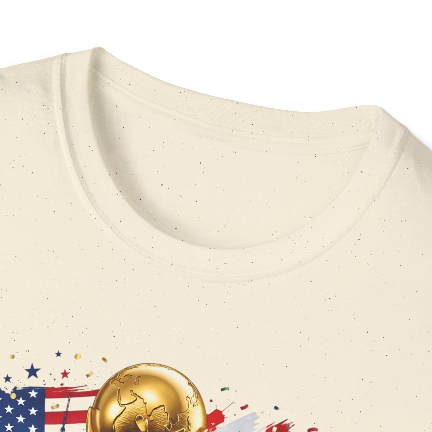 Printify T-Shirt featuring the World Cup 2026 trophy design with USA, Canada, and Mexico flags, showcasing patriotic sports apparel.