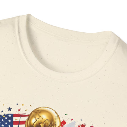 Printify T-Shirt featuring the World Cup 2026 trophy design with USA, Canada, and Mexico flags, showcasing patriotic sports apparel.