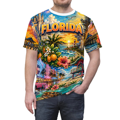 Man wearing the Florida tropical sunset all-over-print t-shirt, front view close-up