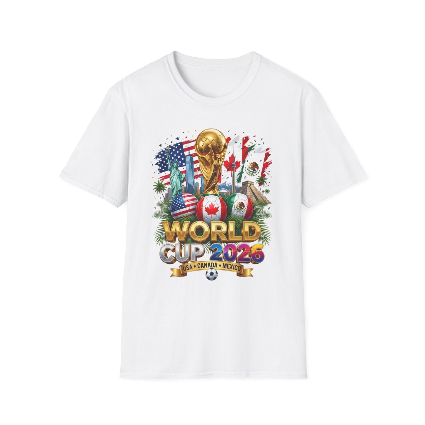 T-Shirt — World Cup 2026 Trophy Design with USA, Canada & Mexico Flags