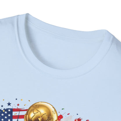 Printify T-shirt featuring the 2026 World Cup trophy design with USA, Canada, and Mexico flags.