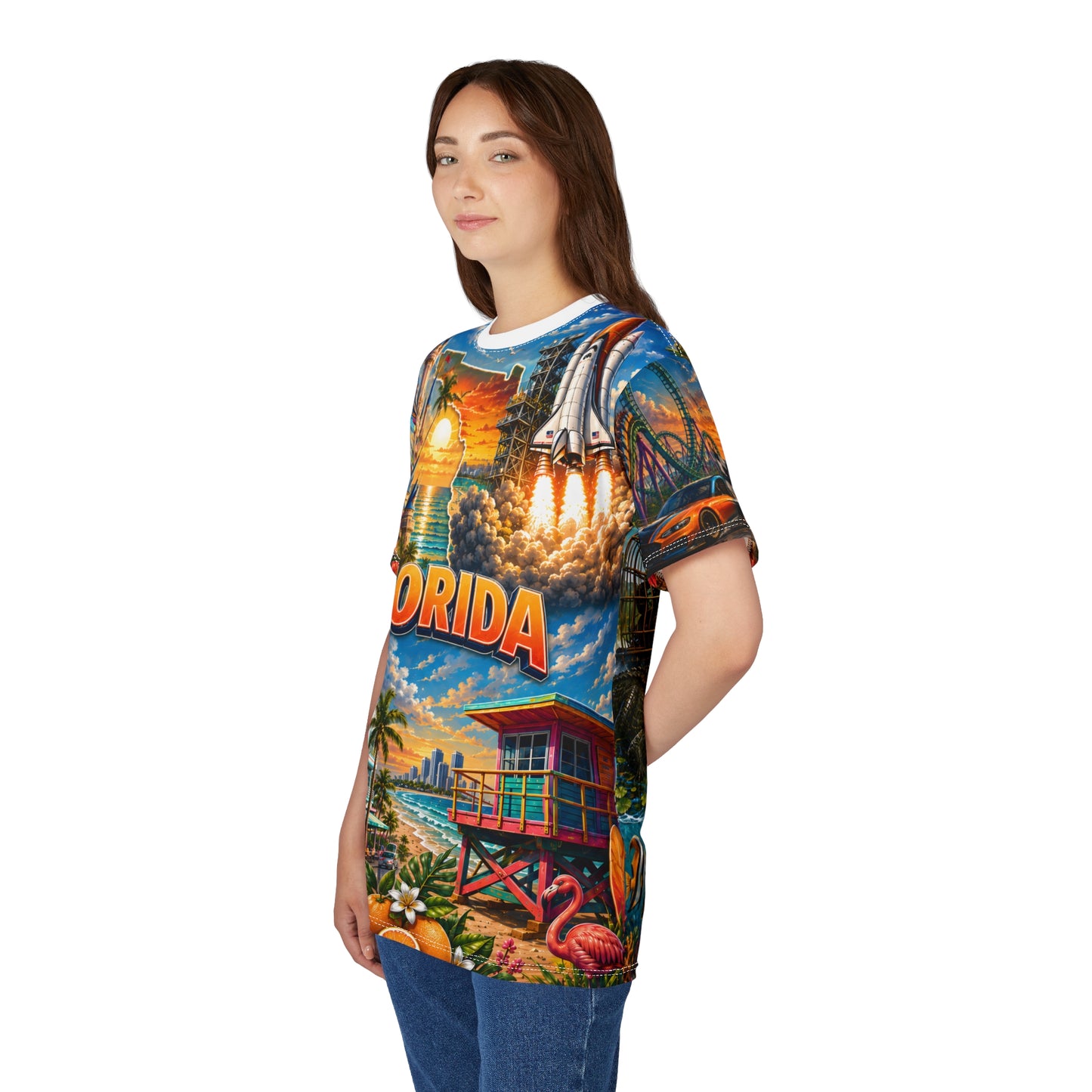 Florida vintage postcard print T-shirt by Printify featuring colorful all-over vacation-themed design on a casual tee.