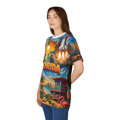 Florida vintage postcard print T-shirt by Printify featuring colorful all-over vacation-themed design on a casual tee.