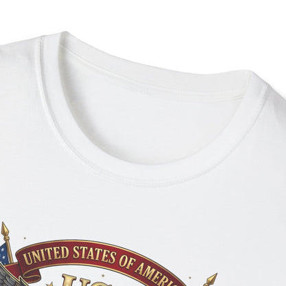 Close-up of the eagle and United States of America 250 print detail on a white tee collar