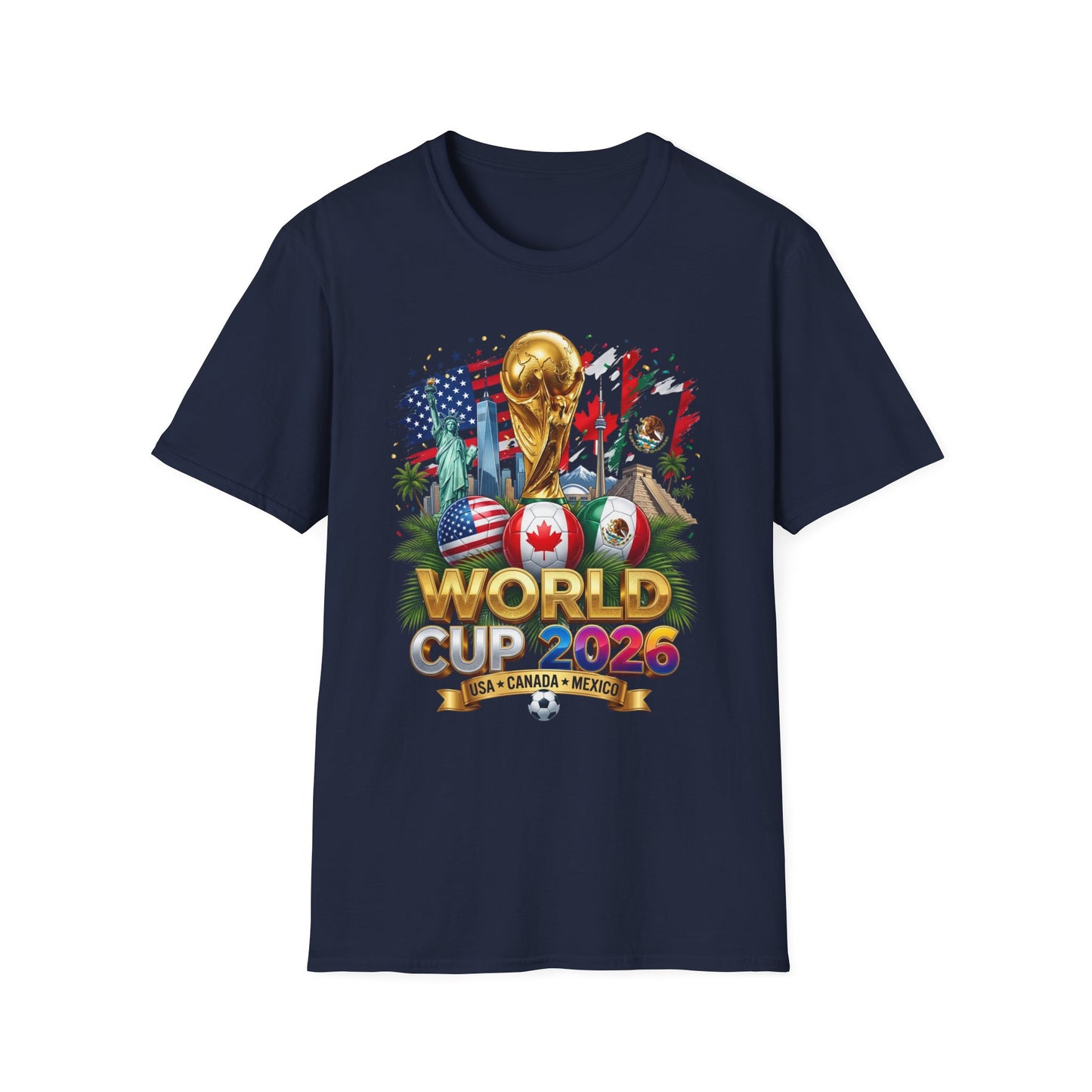 T-Shirt — World Cup 2026 Trophy Design with USA, Canada & Mexico Flags