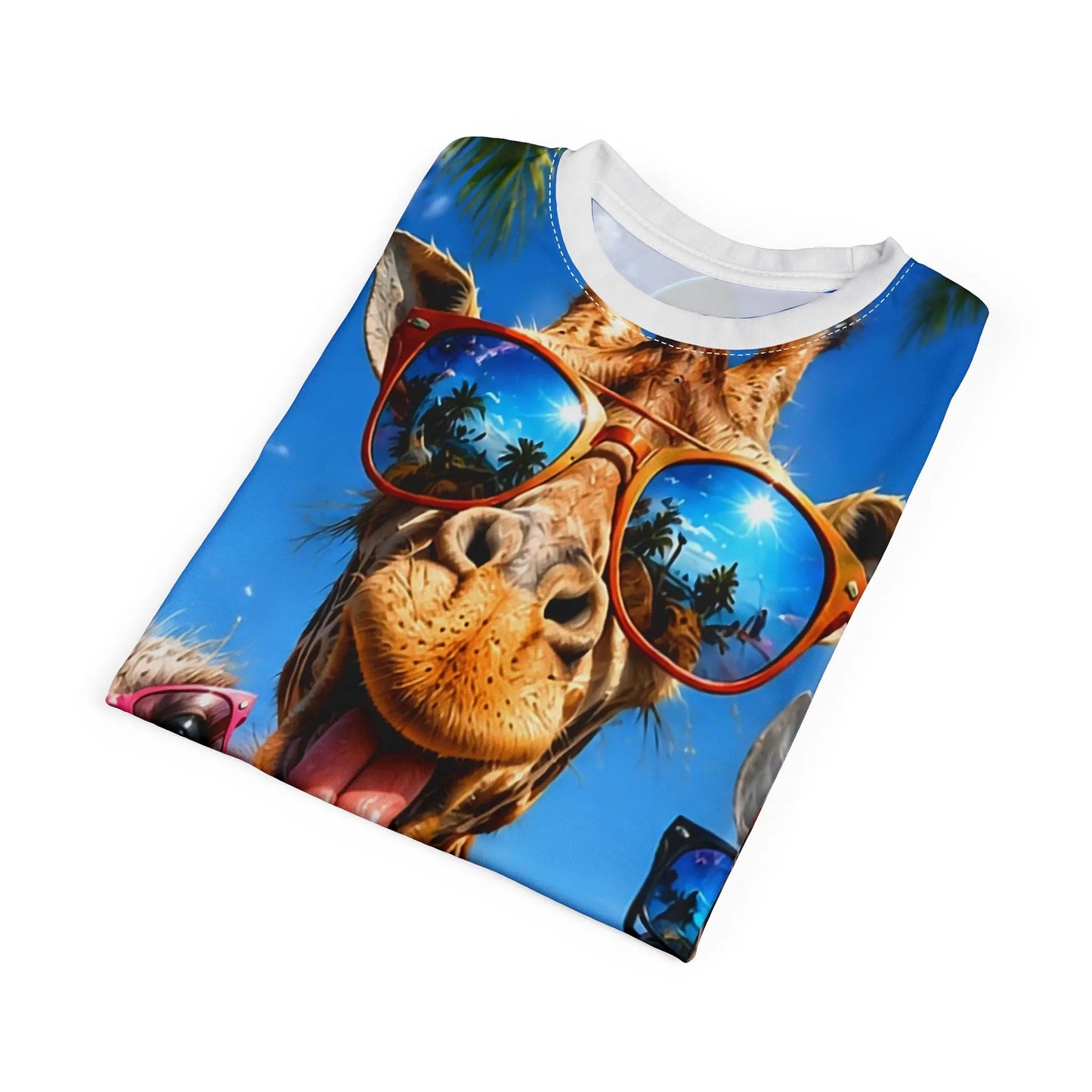 Funny summer animal beach T-shirt featuring giraffe and friends with sunglasses, all-over print design by Printify.