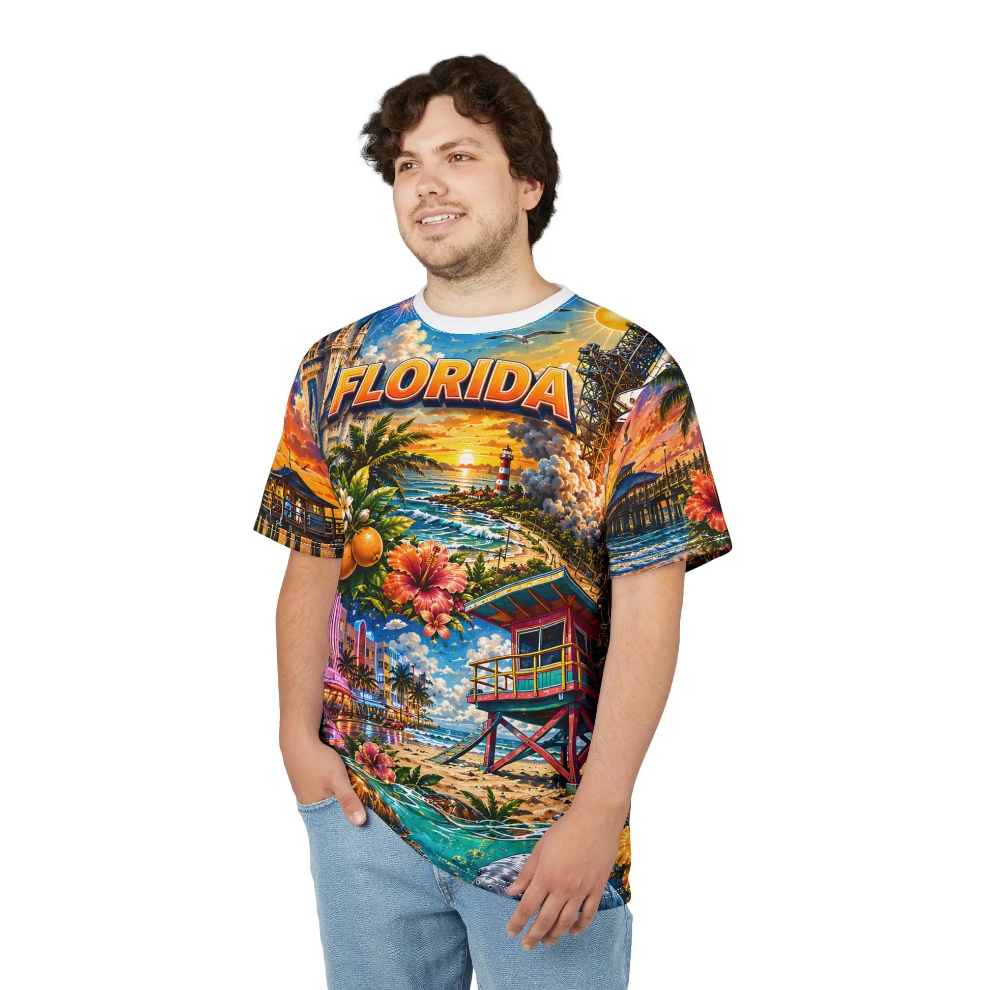 Young man modeling the Florida sunset orange-grove all-over-print t-shirt, front view