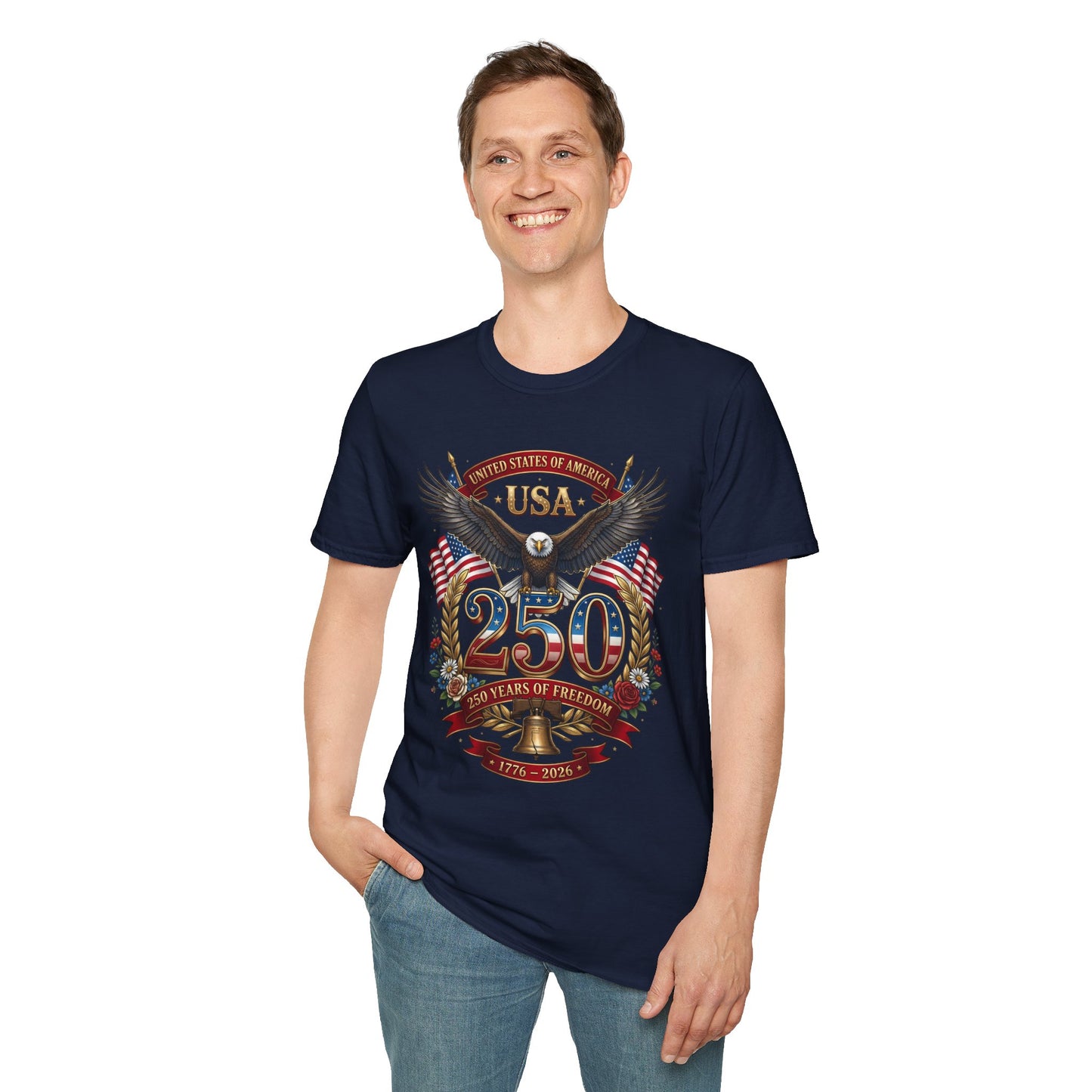 American Eagle 250th Anniversary T-Shirt featuring patriotic flag design, celebrating USA Independence Day, by Printify.
