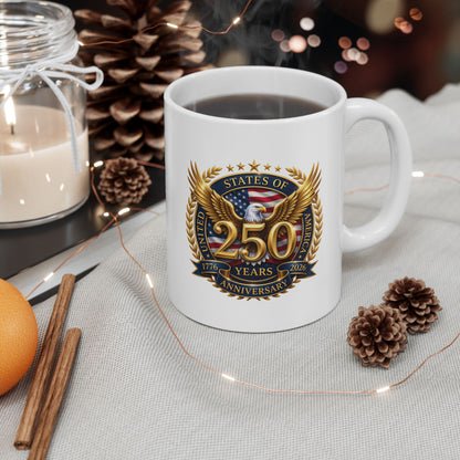 White ceramic mug with the 1776-2026 USA eagle crest, holding steaming coffee in a cozy setting with pinecones and string lights
