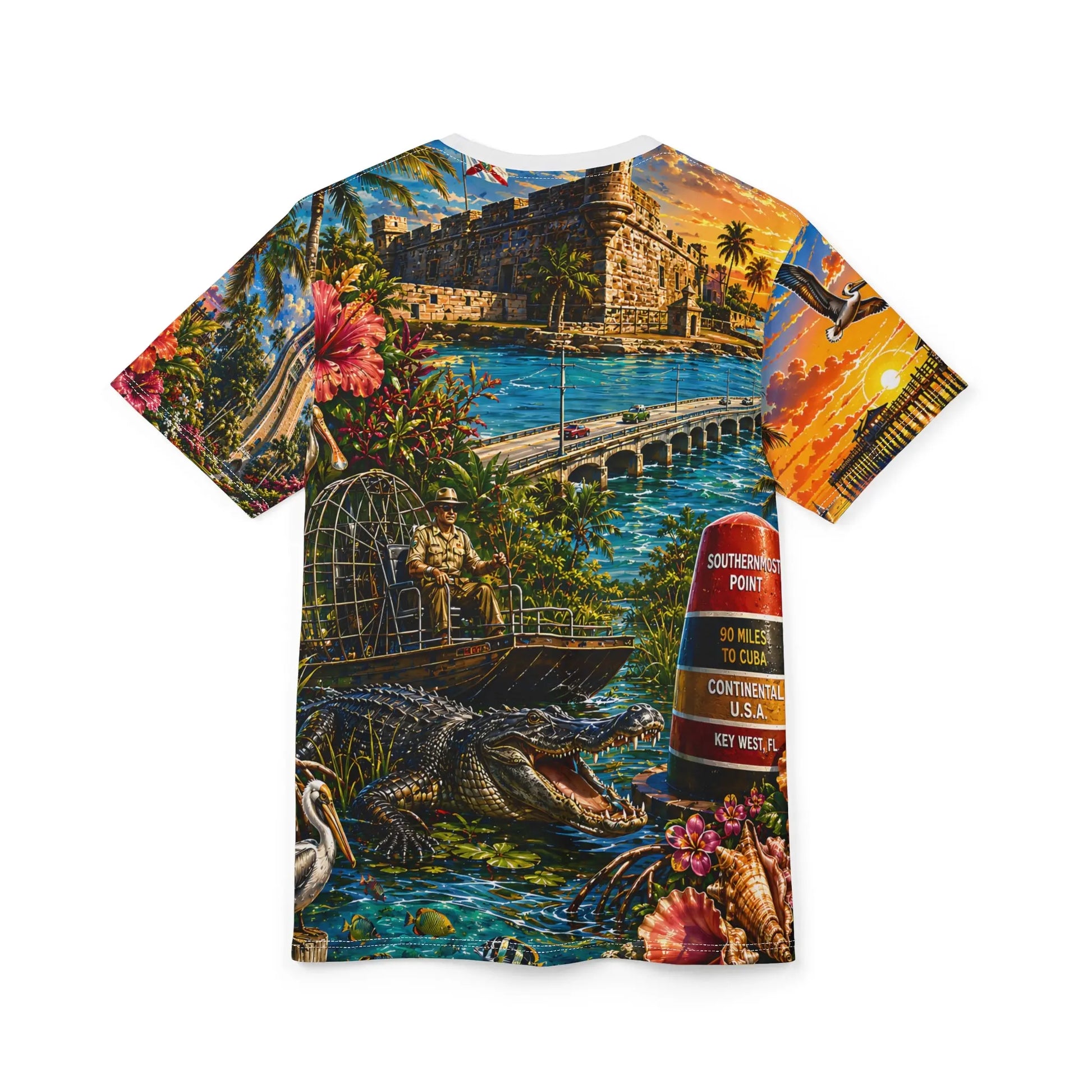 Flat-lay back of the Florida all-over-print tee with lighthouse, alligator and beach scene