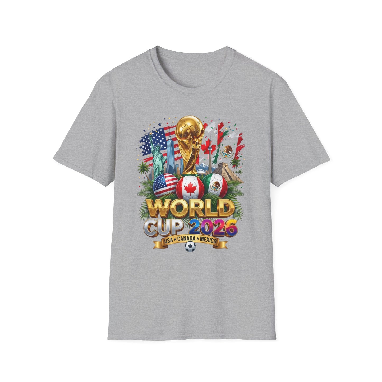 T-Shirt — World Cup 2026 Trophy Design with USA, Canada & Mexico Flags