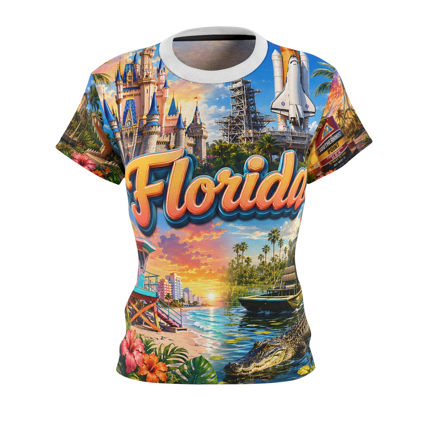 Florida all-over-print tee with script logo, ghost-mannequin front view showing castle and sunset beach