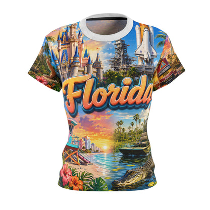 Florida all-over-print tee with script logo, ghost-mannequin front view showing castle and sunset beach