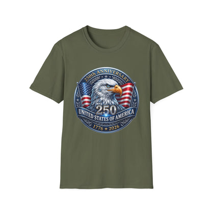 250th anniversary USA eagle design on a military green t-shirt, plain front product shot