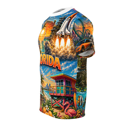 Florida vintage postcard print T-shirt by Printify featuring all-over tropical vacation postcard design on a casual tee.
