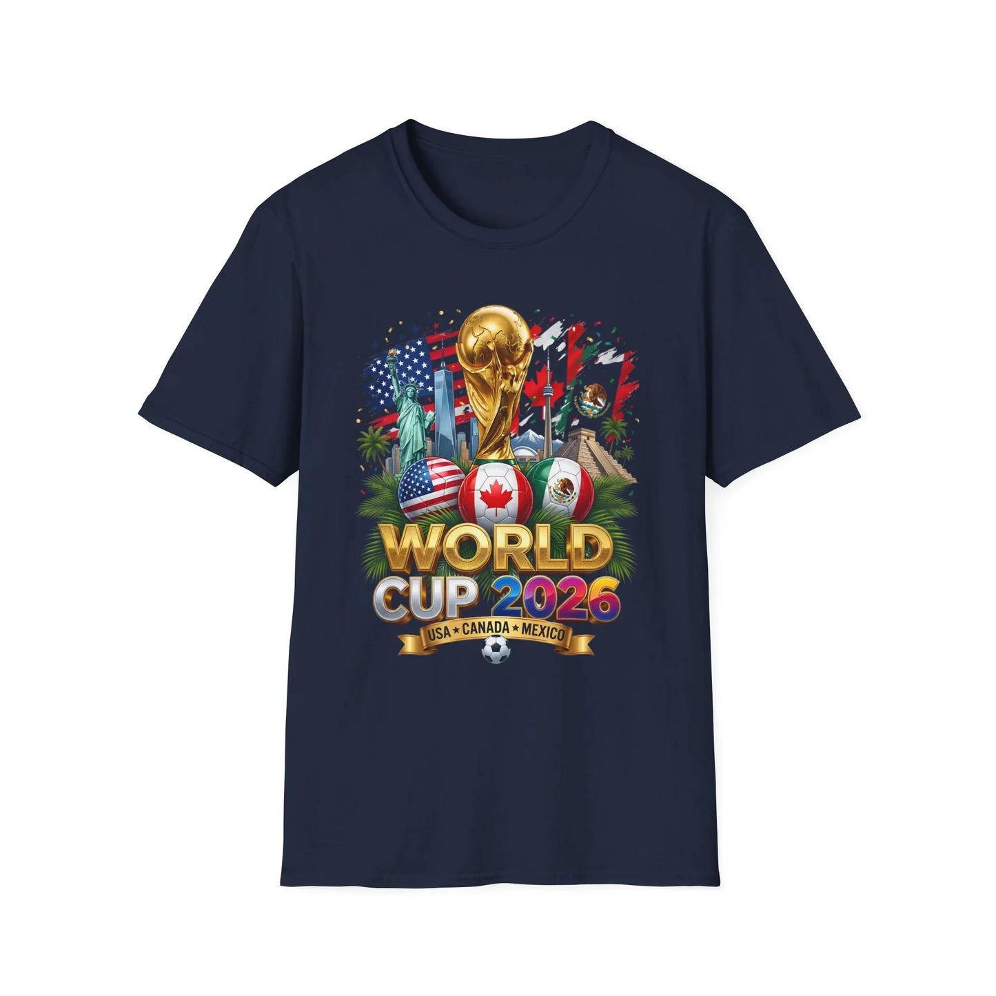 World Cup 2026 trophy design on a navy-blue t-shirt, flat product shot