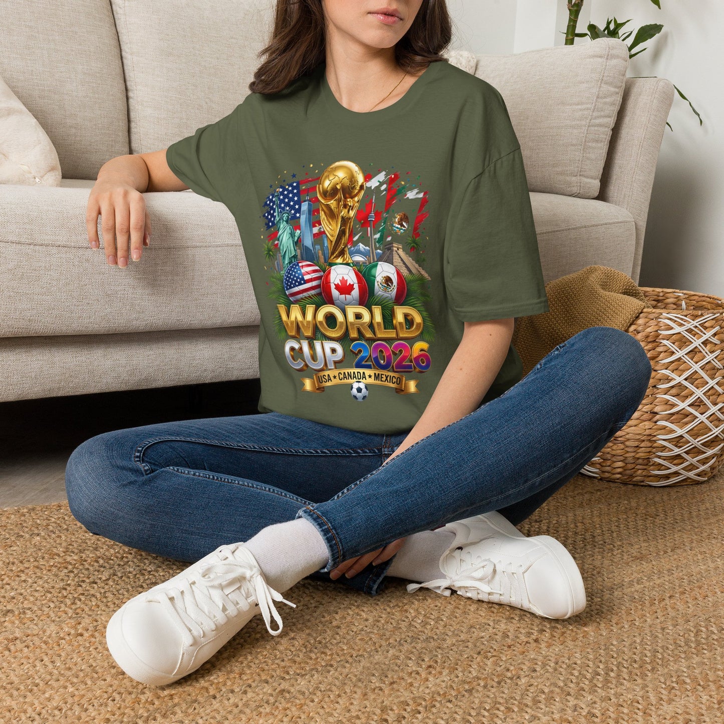 White Printify T-shirt featuring a World Cup 2026 trophy design with USA, Canada, and Mexico flags displayed prominently.