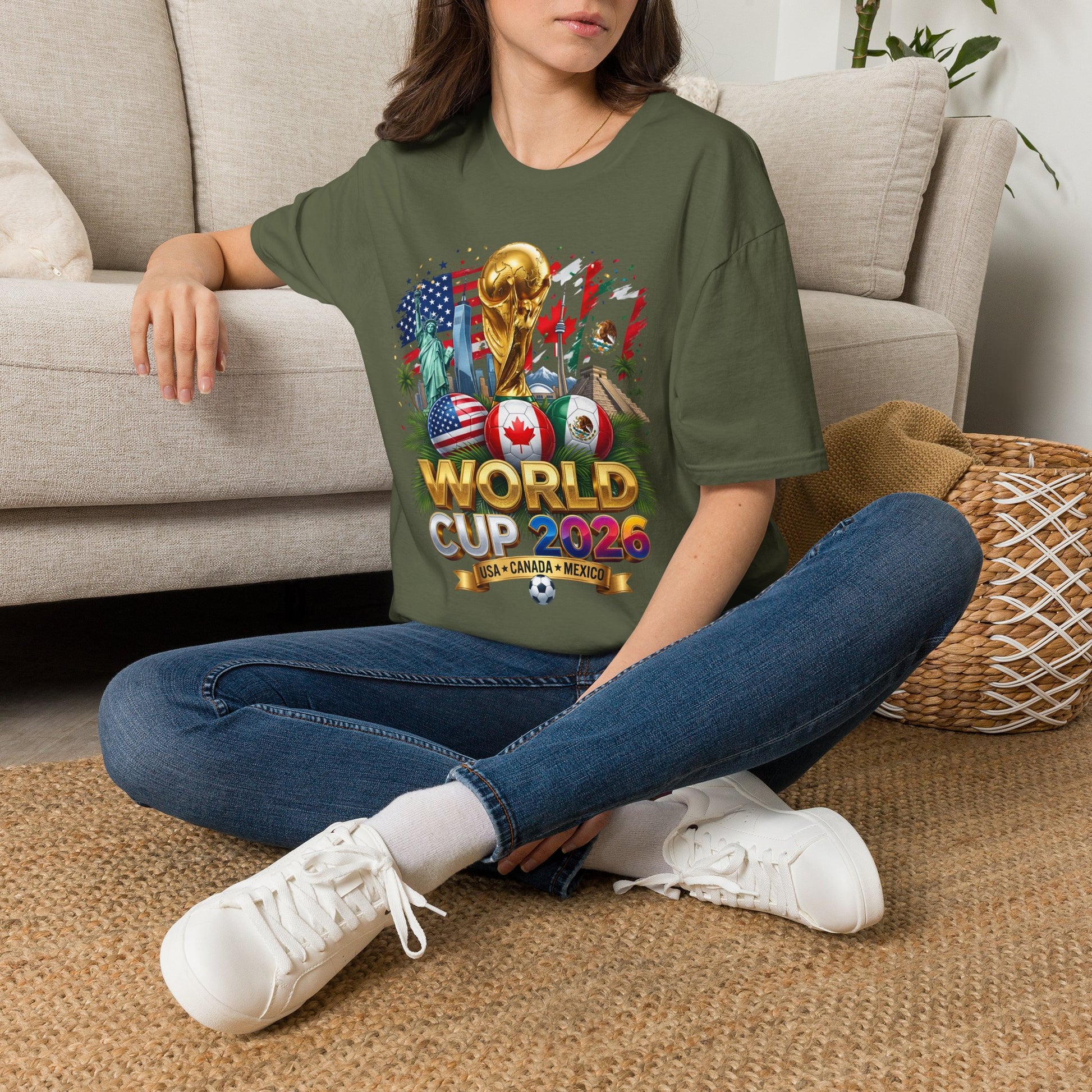 White Printify T-shirt featuring a World Cup 2026 trophy design with USA, Canada, and Mexico flags displayed prominently.