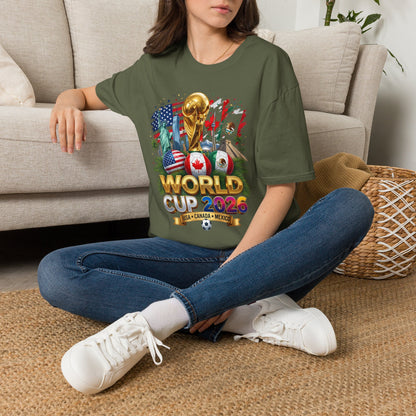 White Printify T-shirt featuring a World Cup 2026 trophy design with USA, Canada, and Mexico flags displayed prominently.