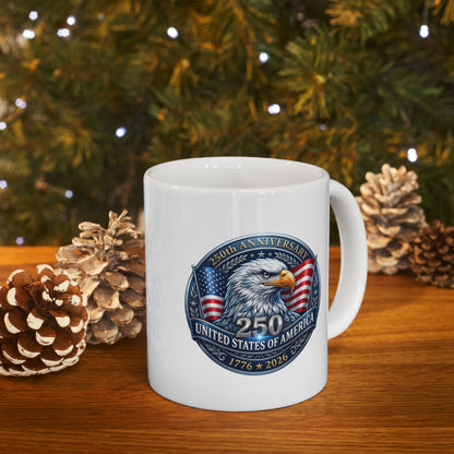 Patriotic eagle 250th anniversary white mug on a wooden table with pinecones and holiday lights in the background
