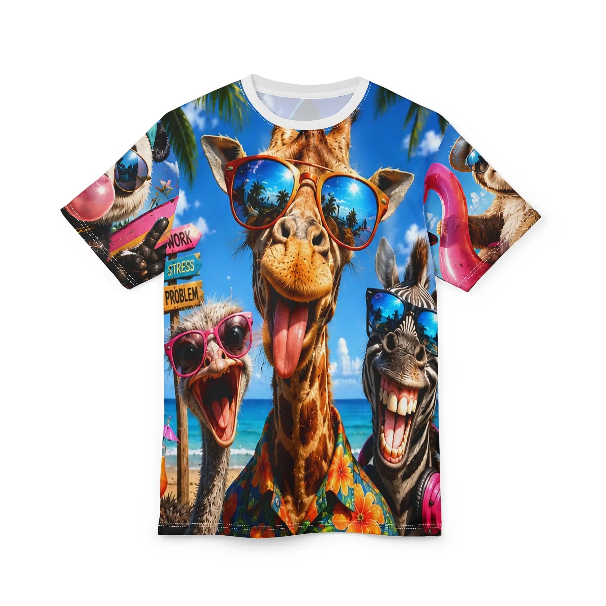Funny summer animal beach T-shirt featuring giraffe and friends with sunglasses, all-over print design by Printify.