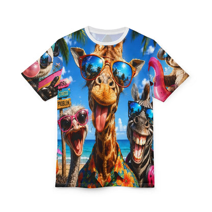 Funny summer animal beach T-shirt featuring giraffe and friends with sunglasses, all-over print design by Printify.