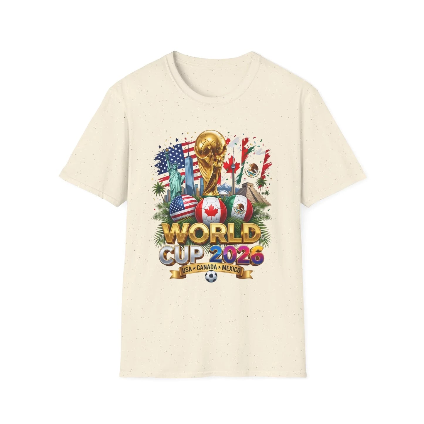 World Cup 2026 trophy with USA, Canada and Mexico flags on a natural ivory t-shirt, flat product shot