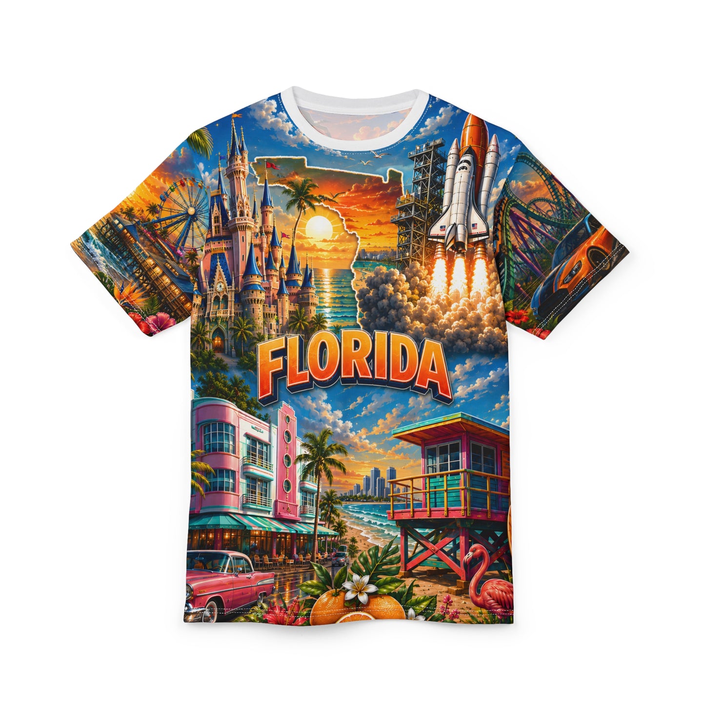 Florida vintage postcard print T-shirt by Printify featuring all-over retro vacation design on a casual tee.
