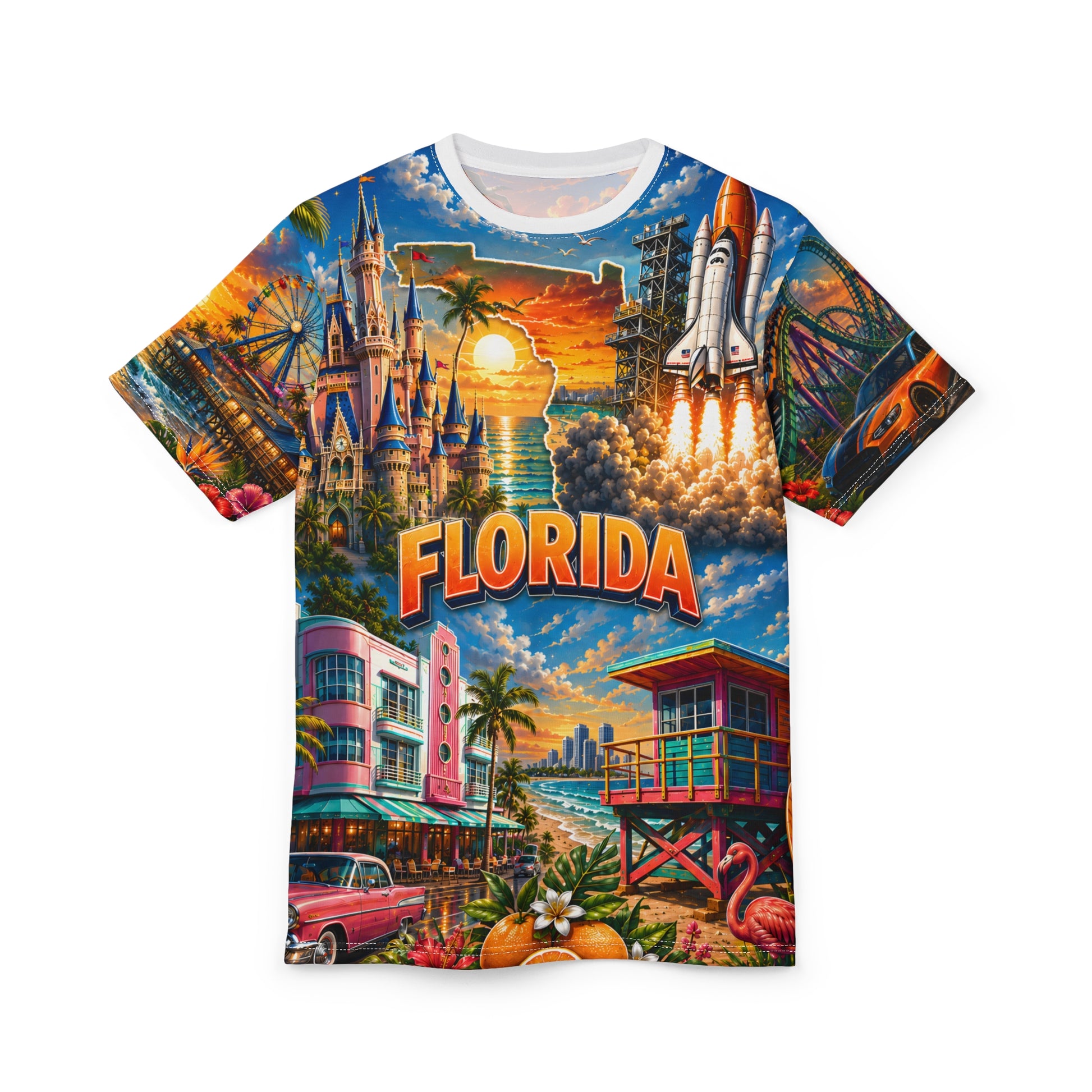 Florida vintage postcard print T-shirt by Printify featuring all-over retro vacation design on a casual tee.