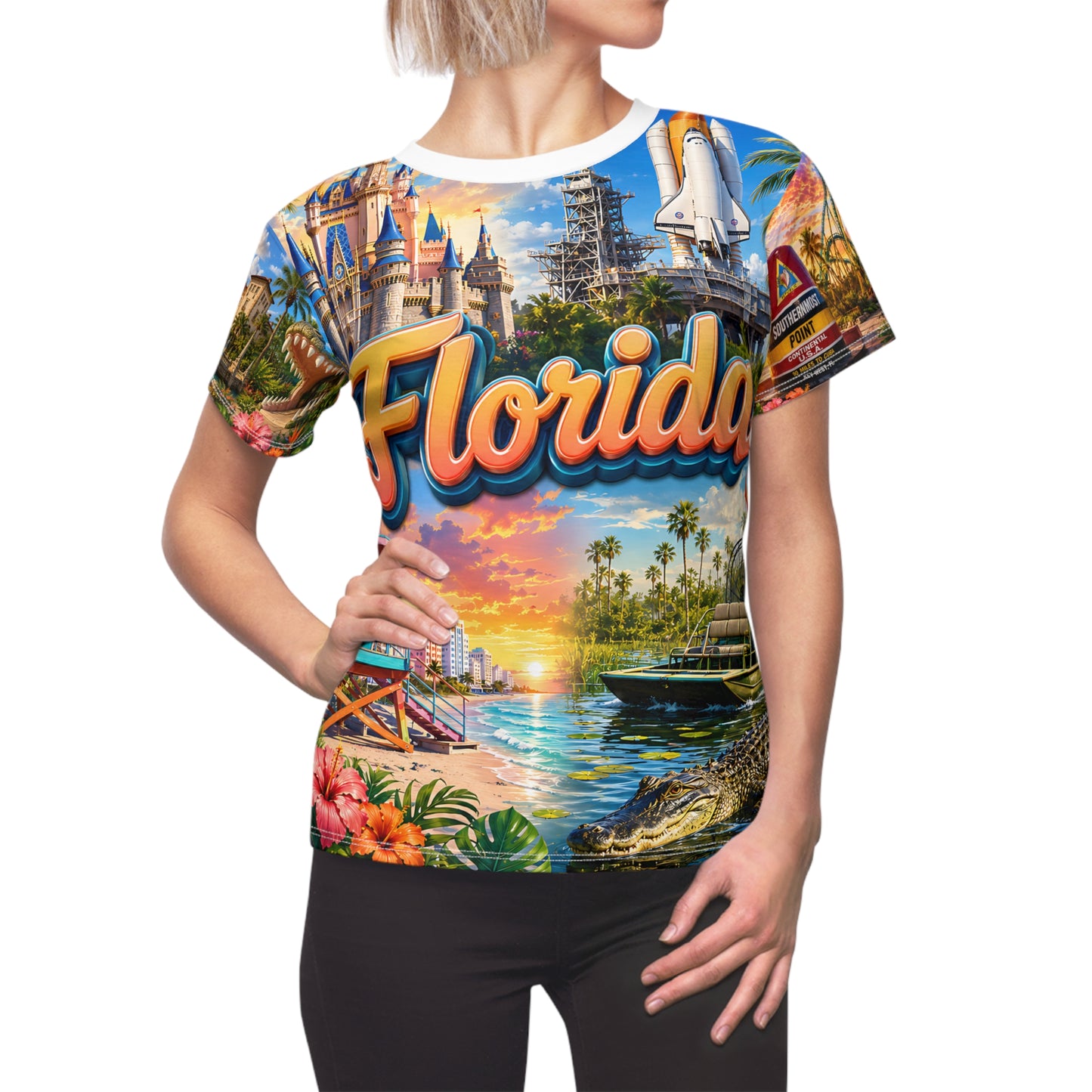 Florida tropical vacation tee worn by a woman with hand on hip, front view showing beach and palm-tree print
