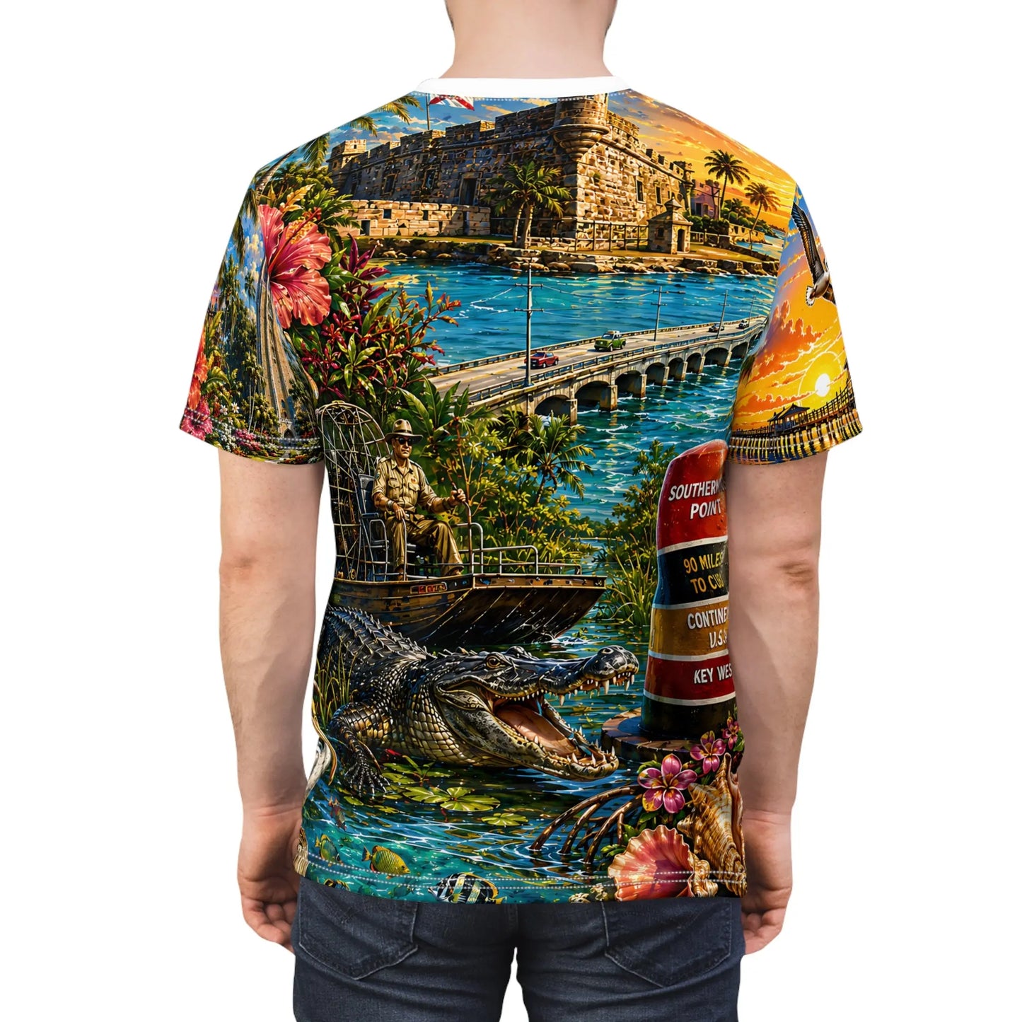 Man wearing the Florida beach print tee, back view showing the tropical Key West design
