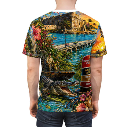 Man wearing the Florida beach print tee, back view showing the tropical Key West design