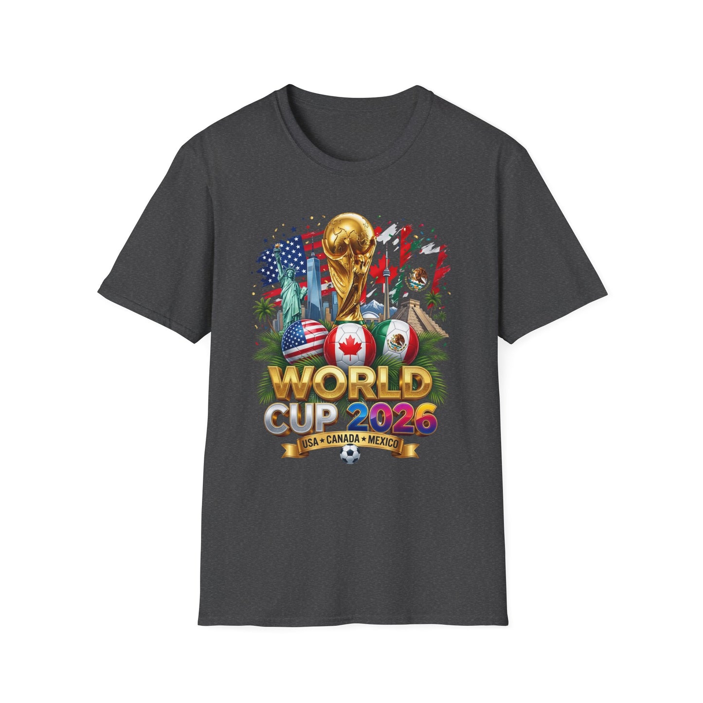 T-Shirt — World Cup 2026 Trophy Design with USA, Canada & Mexico Flags