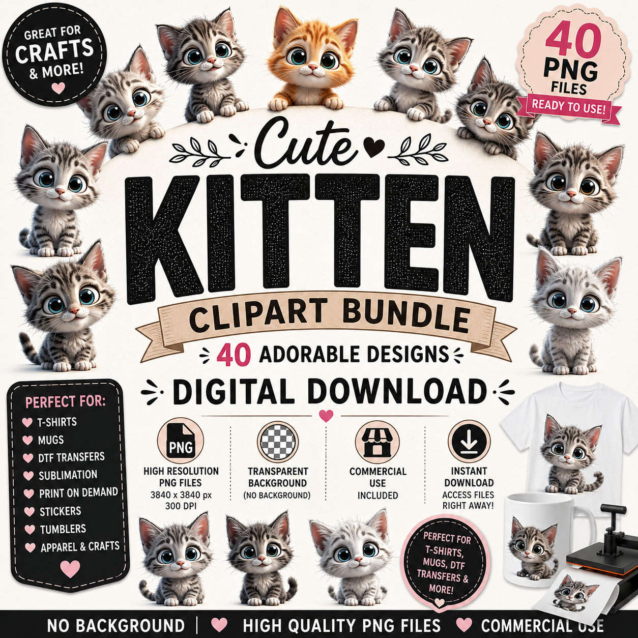 Cute Gray Tabby Kitten PNG, Big Eyed Kitten Cartoon Clipart, Nursery Wall Art, Sublimation Design, Commercial Use POD