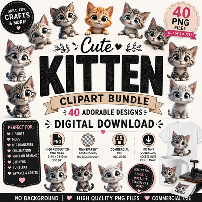Cute Gray Tabby Kitten PNG, Big Eyed Kitten Cartoon Clipart, Nursery Wall Art, Sublimation Design, Commercial Use POD