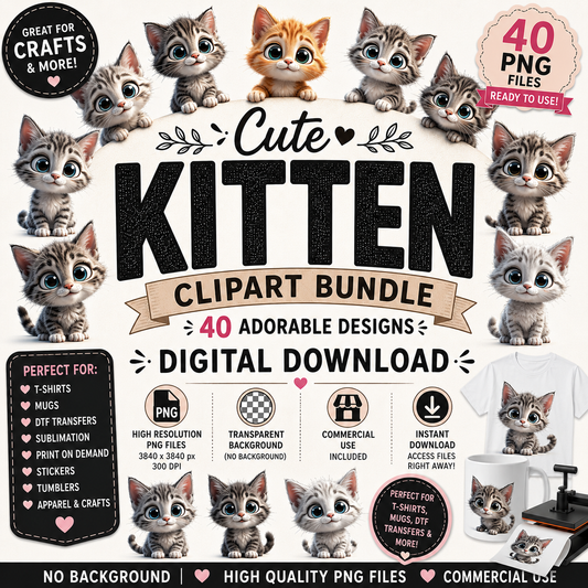 Cute kitten clipart bundle cover — 40 big-eyed cartoon tabby kittens, high-res PNG for t-shirts, mugs, sublimation and crafts.