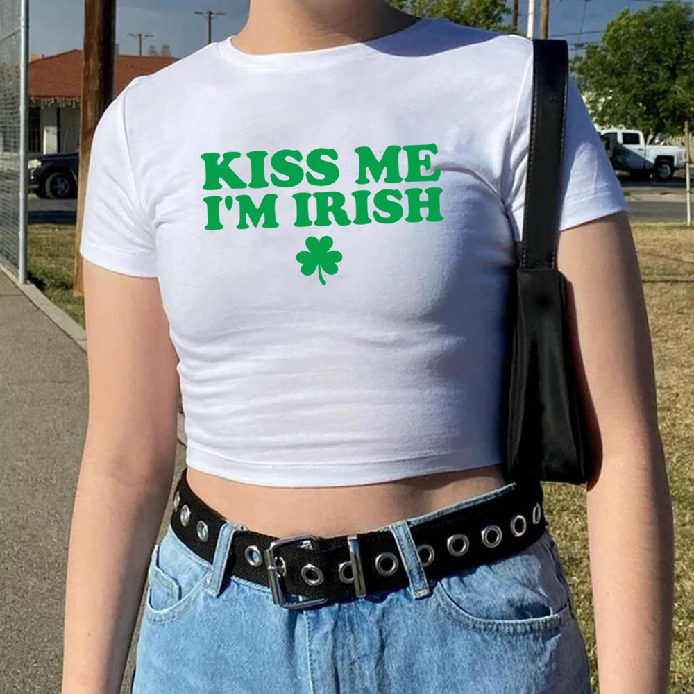 Kiss Me I'm Irish Baby Tee Irish Shirts Women's Fitted Tee St Patricks Day Cropped Top Harajuku 90s Retro Aesthetics Baby Tees